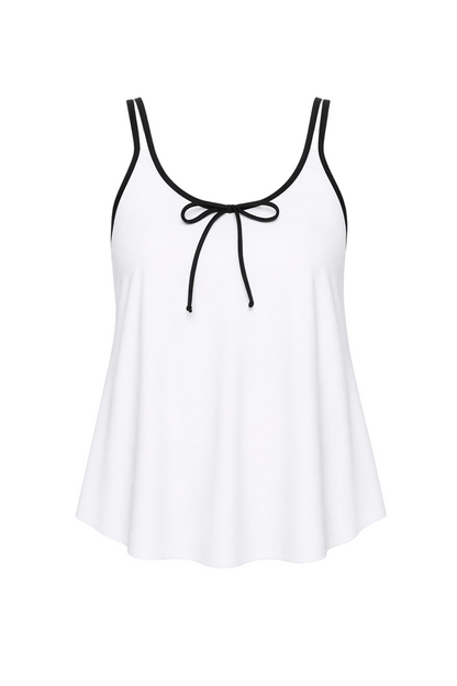 White tankini top with black piping, double straps, and tie-front closure.