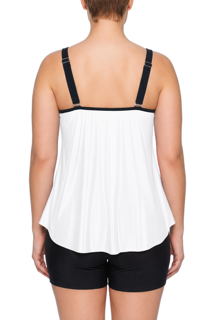 Back view of a white tankini top with double black adjustable straps and black boyshort bottoms.