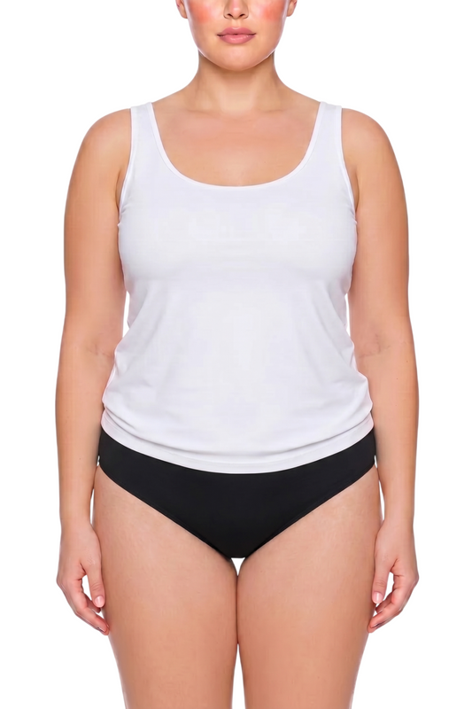 fabric:matte polyester | view:02 | White scoop-neck tank top and black bikini bottom, front view on model against white background