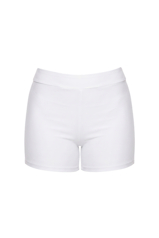 fabric:matte polyester | view:01 | White high-waisted shorts with wide waistband, front view on white background