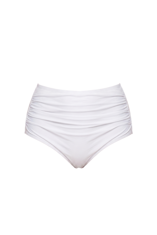 fabric:matte nylon | view:01 | White high-waisted bikini bottom with ruched front on a plain white background
