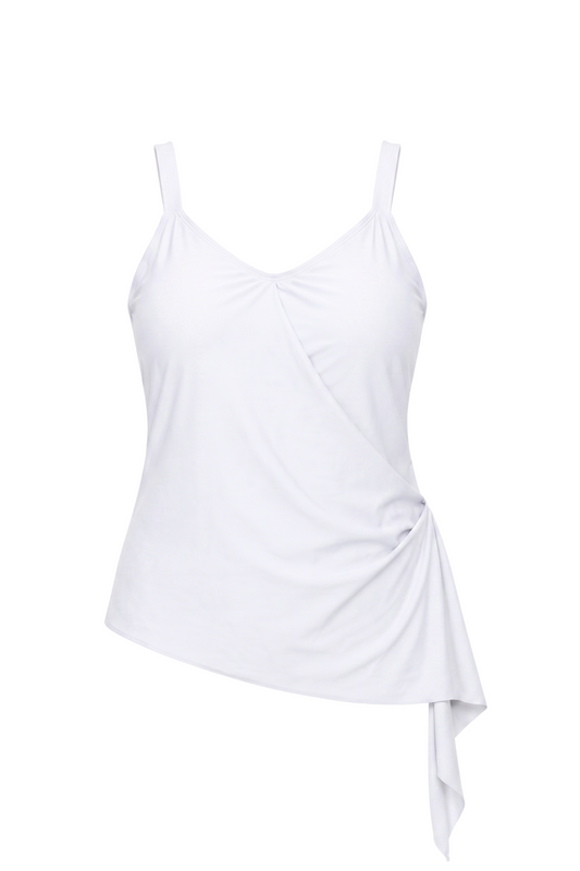 fabric:matte polyester | view:01 | White spaghetti strap top with V-neck, gathered front, and side drape on a white background