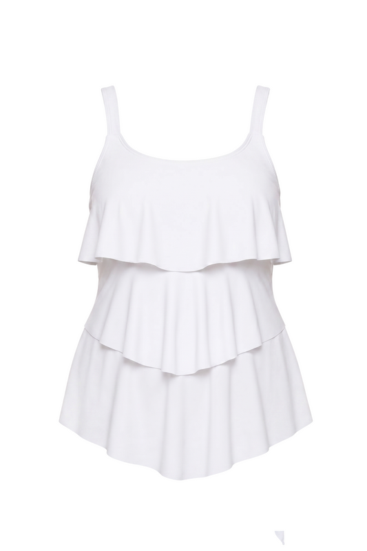 fabric:matte polyester | view:01 | White strappy tiered ruffle swim top shown front view on a plain white background