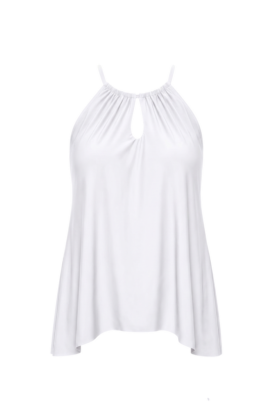 fabric:matte polyester | view:01 | White halter top with gathered neckline, keyhole front, and flowing hem on a white background