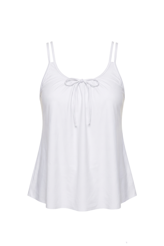 fabric:matte polyester | view:01 | White sleeveless camisole top with scoop neckline and front tie detail on a white background