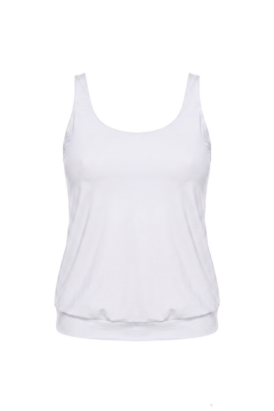 fabric:matte polyester | view:01 | White sleeveless scoop-neck tank top with wide hem on a white background