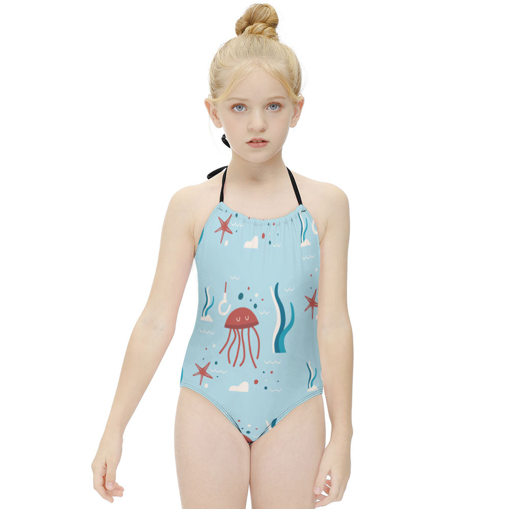 Girls' Contrast-Trim Halter One-Piece Swimsuit, product view 3