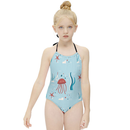 Girls' Contrast-Trim Halter One-Piece Swimsuit, product view 3
