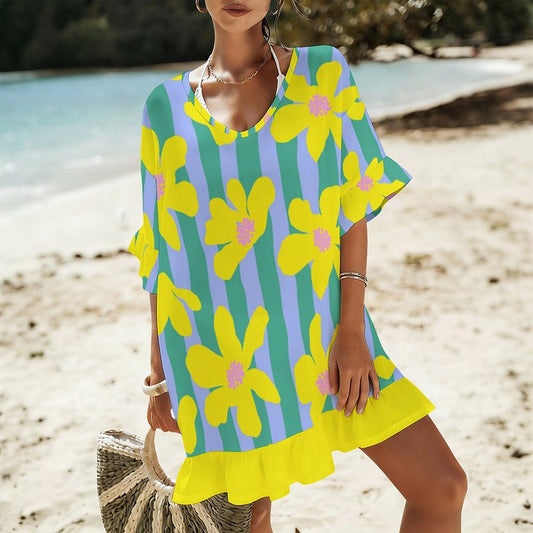 Short-Sleeve Ruffle-Hem Beach Cover-Up Dress, product view 2