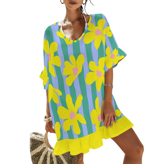 Short-Sleeve Ruffle-Hem Beach Cover-Up Dress