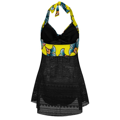 Halter Mesh-Overlay Ruffle Tankini Set, product view 5