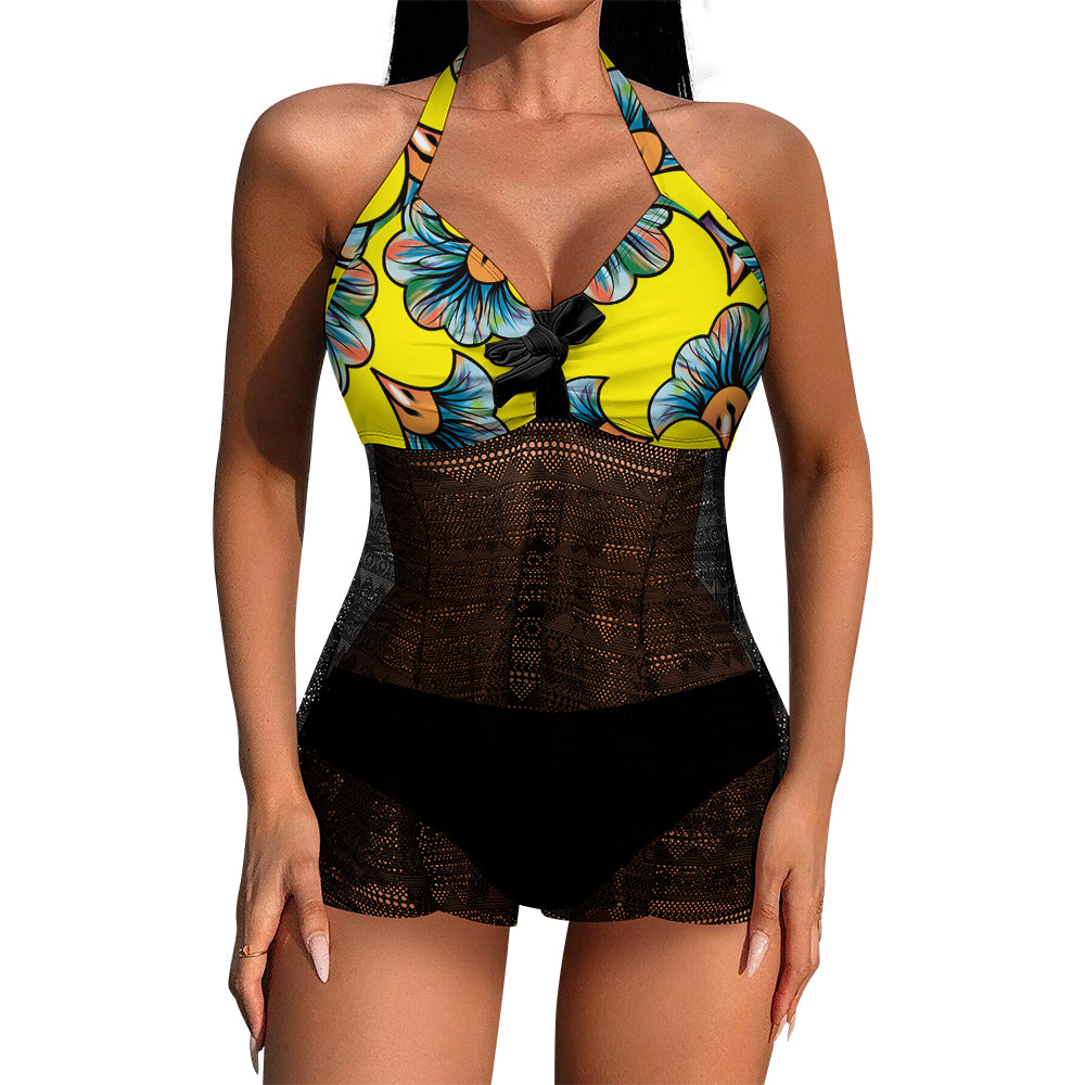 Halter Mesh-Overlay Ruffle Tankini Set