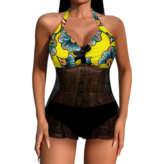 Halter Mesh-Overlay Ruffle Tankini Set