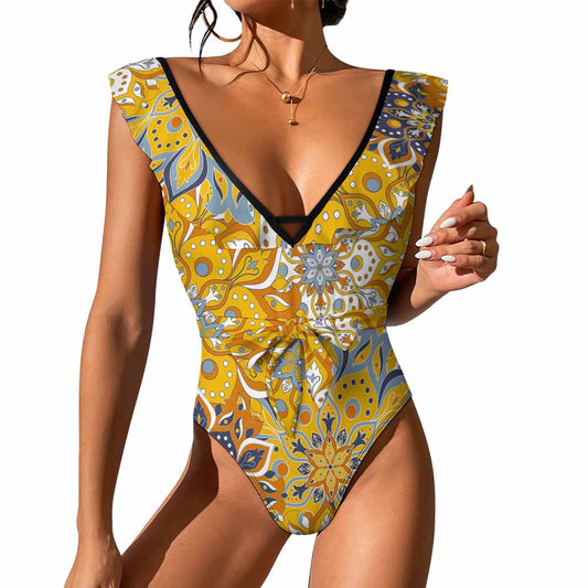 Deep V-Neck Wide-Strap One-Piece Swimsuit