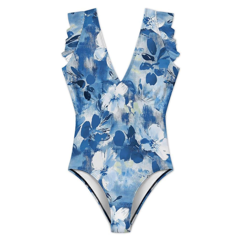 Ruffle-Shoulder Plunge One-Piece Swimsuit, product view 4