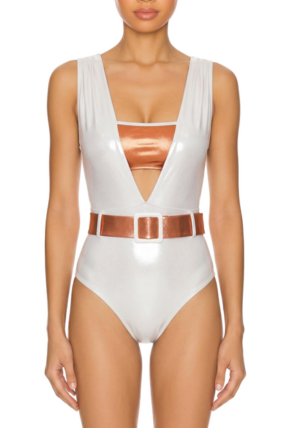 Belted Cutout Shiny One Piece Swimsuit
