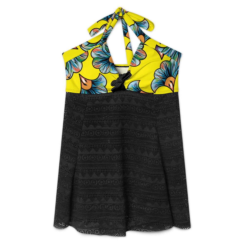 Halter Mesh-Overlay Ruffle Tankini Set, product view 3