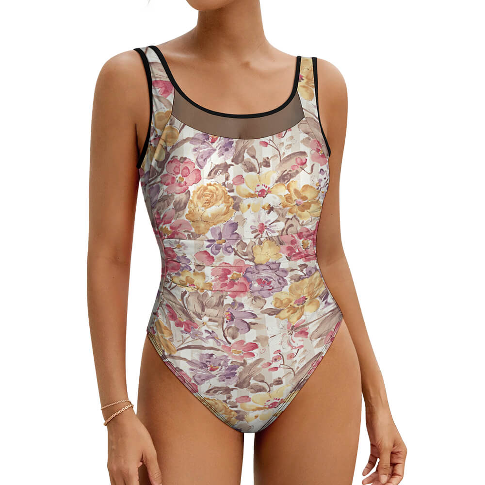 Mesh-Yoke Scoop-Neck One-Piece Swimsuit