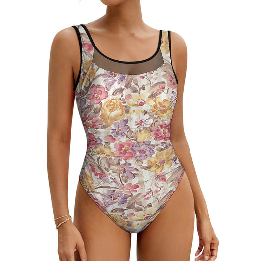 Mesh-Yoke Scoop-Neck One-Piece Swimsuit