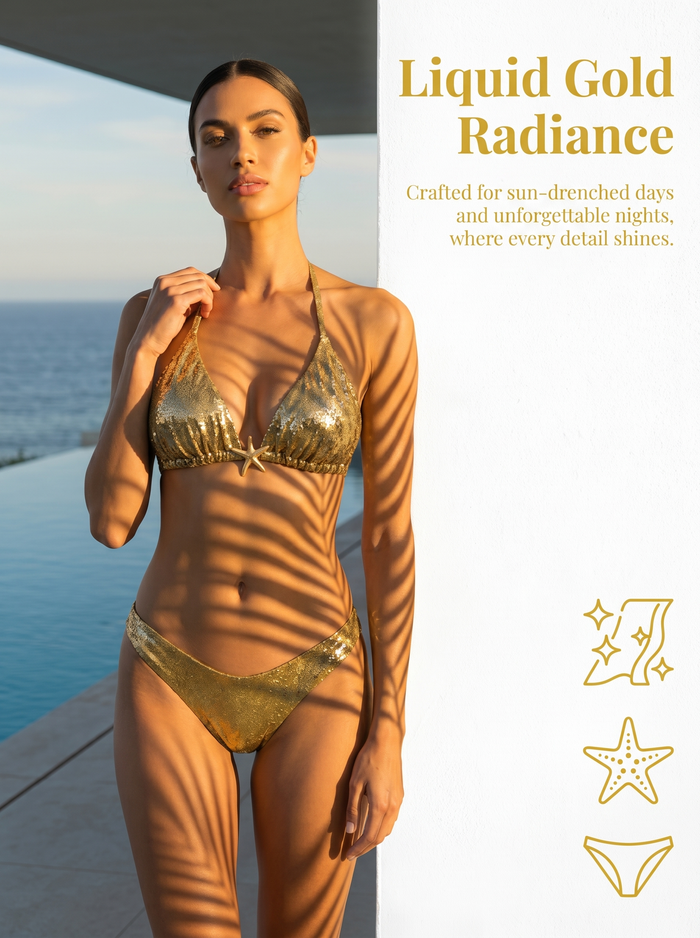 Model by a pool in a shiny gold halter bikini with starfish detail, beside Liquid Gold Radiance text